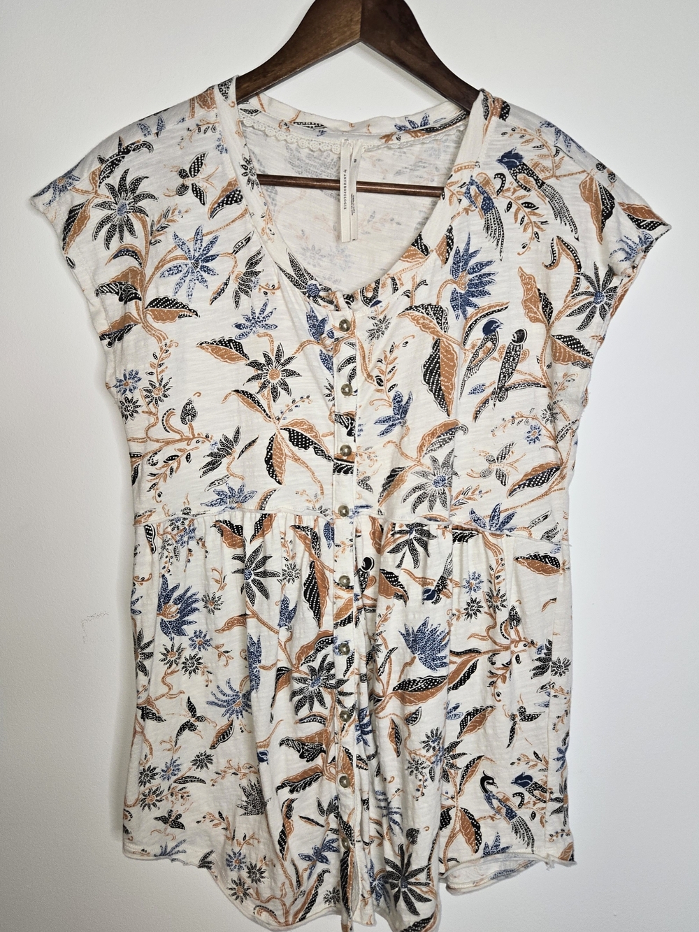 Anthropologie Muted Tropical Bird Floral Button Front Top Boho Cap Sleeve XS